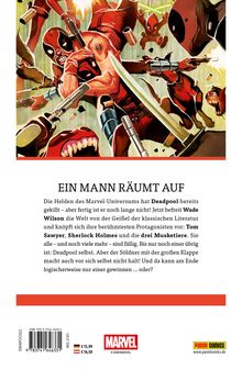 EIN MANN RÄUMT AUF: Deadpool kämpft gegen berühmte Literaturfiguren. Aktionreiche Illustration oben. Marvel, Panini Comics.