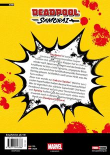 Text: "DEADPOOL SAMURAI", "Deadpool ist zurück!", "Sakura Spider", "Spidey", "Deadpool Samurai". Gelber Hintergrund mit roten Spritzern.