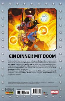 Titel: EIN DINNER MIT DOOM. Figuren in bunter Rüstung, eine Frau rennt, glühende Kreise in ihren Händen. Marvel-Logo.