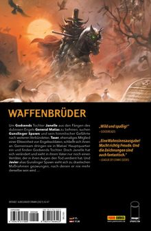"Waffenbrüder" steht groß geschrieben. Illustrationen: Ein düsterer Cowboy mit Hut reitet auf einem Pferd, umgeben von Raben.