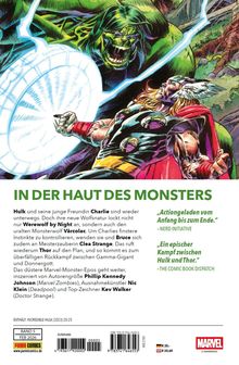IN DER HAUT DES MONSTERS. Illustration: Hulk und Thor kämpfen, Hulk brüllt, Thor hält ein leuchtendes Schild.