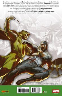 "Captain America" kämpfen. Ein Mann in Rüstung mit Kapuze stößt mit Captain America zusammen. Grüne und rote Akzente.