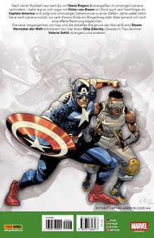 Texte in Schwarz: Steve Rogers will in Latveria Blutvergießen verhindern. Konflikt mit Victor von Doom. Figuren: Captain America und ein Partner in kämpferischer Pose. Lokale Preise unten.