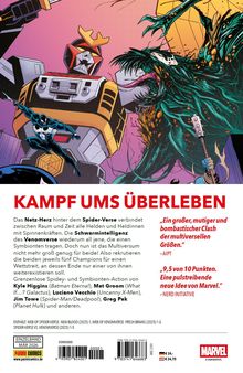 KAMPF UMS ÜBERLEBEN. Netz-Herz, Spider-Verse, Schwarmintelligenz, Venomverse, Multiversum. Illustration: großer Roboter kämpft.