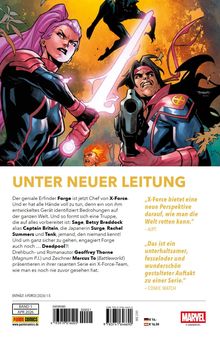 Titel: "Unter neuer Leitung". Beschreibung von X-Force mit Figuren wie Forge und Deadpool. Comic-Illustration von Helden in Aktion.
