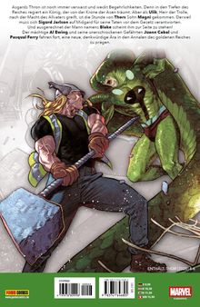 Ein muskulöser Mann mit Hammer kämpft gegen ein grünes Kreatur. Bunter Comic-Stil, dynamische Pose, Helm und Handschuhe.
