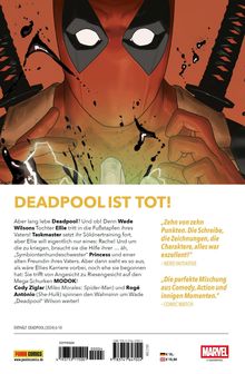 "DEADPOOL IST TOT!" Schwarzer Humor. Rote Maske, schwarze Flecken. Zwei Schwerter im Hintergrund. Marvel-Logo unten rechts.