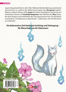 Text oben: Beschreibung einer Handlung in Japans Hauptstadt Edo, 1862. Unten: Illustration eines weißen Fuchses mit roten Augen.