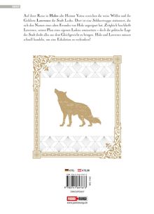 Text über eine Reise von Holo und Lawrence nach Lesko. Darunter ein stilisierter Wolf in einem dekorativen Rahmen.