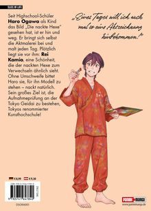 Text links beschreibt Haro Ogawa, der Aktmalerei liebt. Rei Kamio soll Modell stehen. Ziel: Kunsthochschule. Illustration zeigt Haro in roter Kleidung mit Palette.