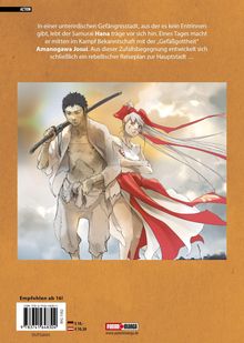 Text oben: Samurai Hana trifft im Kampf auf Amanogawa Josui. Illustration zeigt zwei Charaktere, ein Mann mit Schwert und eine Frau mit langen, wehenden Bändern.