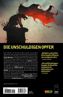 Text: "DIE UNSCHULDIGEN OPFER". Eine dämonische Figur mit rotem Cape auf einem Dachvorsprung, umgeben von düsterem Nebel.