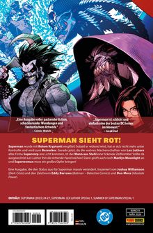 "SUPERMAN SIEHT ROT! Superman wurde mit Rotem Kryptonit vergiftet. Kontrolle verloren, wird zum Berserker." Illustration von Comicfiguren.