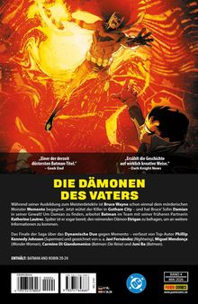 „Die Dämonen des Vaters.“ Batman kämpft in flammendem Hintergrund, eine Hand greift nach ihm. Unten Textbeschreibung.