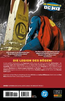 Eine Illustration mit "LONG LIVE THE LEGION" auf einem Stein. Superman kniet davor. Texte und Werbung für einen Comic.