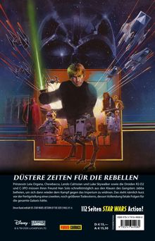 "DÜSTERE ZEITEN FÜR DIE REBELLEN" und "112 Seiten STAR WARS Action!" Ein Gemälde mit Charakteren und Raumschiffen im Weltraum.