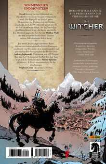 Text präsentiert einen Comic von "The Witcher”. Illustration: Geralt reitet ein Pferd, im Hintergrund Berge und eine Stadt.