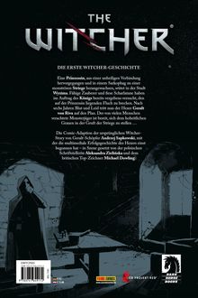 "The Witcher: Die erste Witcher-Geschichte. Dunkle Illustration mit einer vermummten Gestalt, dunkle Umgebung."