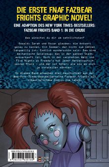 Titeltext: "DIE ERSTE FNAF FAZBEAR FRIGHTS GRAPHIC NOVEL!". Darunter ist ein Roboter-Mädchen mit blauen Augen und Zöpfen.