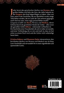 Text über griechischen Mythos von Perseus. Erwähnt Freundschaft, Liebe, Götter. "Empfohlen ab 16!" Unten rotes Korallenmotiv.