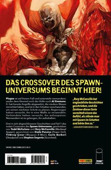 Text: "Das Crossover des Spawn-Universums beginnt hier!" Illustration zeigt eine düstere Figur mit rotem Umhang.