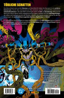 Text im oberen Bereich: "TÖDLICHE SCHATTEN". Unten: Batman kämpft in einem farbenfrohen, dynamischen Comic-Stil.