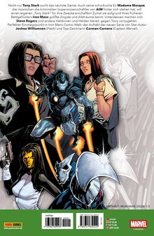 Tony Stark sucht das nächste Genie; Madame Masque will eigenen „Tony Stark“ für AIM. Comicfiguren in actionreichen Posen.
