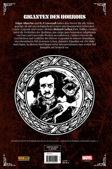 "GIGANTEN DES HORRORS" steht oben. Illustration: Edgar Allan Poe mit einer Kreatur im Hintergrund in einem Verzierungsrahmen.
