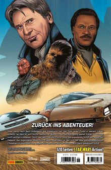 „Zurück ins Abenteuer! 120 Seiten Star Wars Action!“ Illustration von Figuren vor einem Raumschiff.