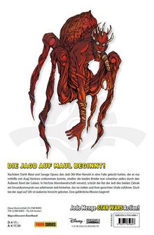 "Die Jagd auf Maul beginnt!" Illustration eines rot-schwarzen, spinnenartigen Wesens mit bedrohlichem Aussehen.