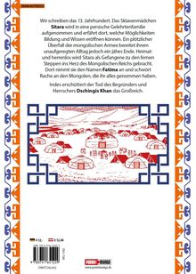 Text über ein Sklavenmädchen im 13. Jahrhundert. Illustration von Zelten in mongolischer Steppe mit roten und blauen Mustern.