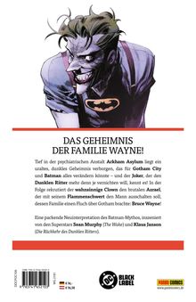 Ein Clown mit wildem Gesicht, grünem Haar, Batman-Logo auf Kleidung. Text spricht vom Geheimnis der Familie Wayne.