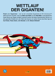 Text: "WETTLAUF DER GIGANTEN" und Beschreibung über ein Rennen zwischen Flash und Superman. Illustration: Beide rennen nebeneinander.