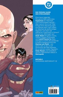 Text: "Die frühen Jahre des Stählernen! ..."
Illustration: Superman in Aktion, mit ernstem Gesichtsausdruck.