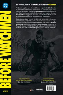 Die Texte beschreiben Details zu "BEFORE WATCHMEN", mit Charakteren wie Silk Spectre, Comedian und Dr. Manhattan. Links gelb.