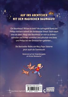 "AUF INS ABENTEUER MIT DEM MAGISCHEN BAUMHAUS!" Kinder klettern zum Baumhaus, reisen zu Dinosauriern. Illustration: Kind rennt mit Dinos.