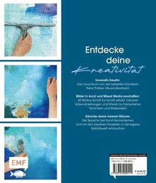 "Entdecke deine Kreativität" steht in großer Schrift. Beige Bildfelder zeigen Hände beim Malen mit Blau- und Grüntönen. Links unten ist ein Logo mit einem Fisch.