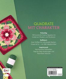 "QUADRATE MIT CHARAKTER. Vielseitig: 100 kunstvolle Granny Squares. Raffiniert: Zwei Größen. Inspirierend: Farbwelten."  
Obere Ecke zeigt ein Musterquadrat, unten links Garn.