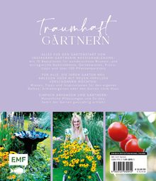 Traumhaft gärtnern. Drei Bilder: bunte Blumen mit Vogelbad, Frau im Garten, Tomaten. Verlag: EMF.