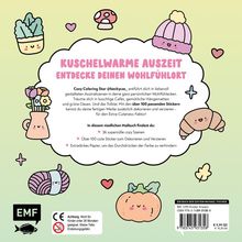 Kuschelige Illustrationen mit Texten über Malbuch-Inhalte: cozy Szenen, Sticker, extradickes Papier. Zahlen und Symbole sind auch zu sehen, darunter ein QR-Code.