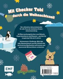"Mit Checker Tobi durch die Weihnachtszeit." Illustration mit Pinguin, Tannenzapfen, Hund, Taschenlampe und Schneeflocken.