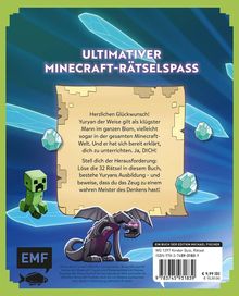 "ULTIMATIVER MINECRAFT-RÄTSELSPASS. Herzlichen Glückwunsch! Yuriyan der Weise gilt als klügster Mann im ganzen Biom." Oben Kristalle, unten ein Drache und ein grüner Charakter. Logos und Barcode sind sichtbar.