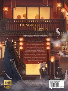 "HUNGRIGE HERZEN" steht oben. Darunter Beschreibung von über 50 Rezepten inspiriert von Büchern und Filmen. Asiatische Szene.