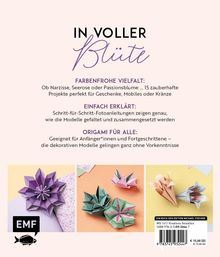 "In voller Blüte" steht oben. Drei Absätze: Farbige Vielfalt, einfache Erklärungen, Origami für alle. Unten Origami-Beispiele.