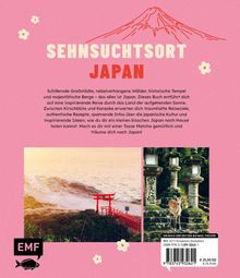 "Sehnsuchtsort Japan" in großen Buchstaben, rosa Hintergrund mit Kirschblüten und zwei Fotos von Landschaft und Reh.