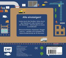 "Alle einsteigen!" Invitiere zur Entdeckung von Baustellen; Illustration mit Baufahrzeugen und Konstruktionsszenen.