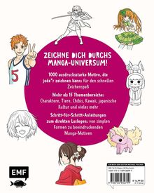 Titel: "Zeichne dich durchs Manga-Universum!" Bunte Manga-Figuren: Junge im Sporttrikot, Mädchen mit Schwert, Kawaii-Hund.