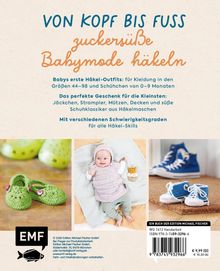 "VON KOPF BIS FUSS zuckersüße Babymode häkeln." Bilder zeigen gehäkelte Babyschuhe und ein lächelndes Baby in Häkelkleidung.