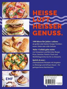 "Heisse Luft. Heisser Genuss." steht in großen, orangenen Buchstaben auf blauem Hintergrund. Bilder von Pizza, Burger, Röllchen und Salat. Rechts Text über Rezeptvielfalt und einfache Zubereitung. Unten links ein EMF-Logo.