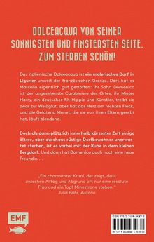 "Dolceacqua von seiner sonnigsten und finstersten Seite. Zum Sterben schön!" Hintergrund in kräftigem Rot mit EMF-Logo.